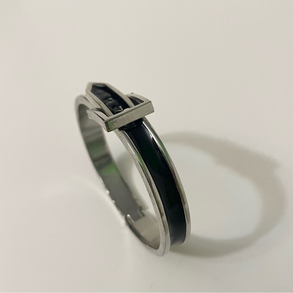 Adjustable Belt Black & Silver Enamel Paint Metal Hinged Bangle Bracelet - Picture 13 of 13